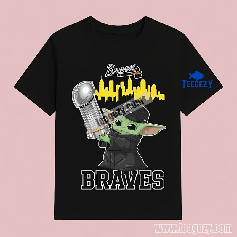 Atlanta Braves Baby Yoda Holding World Series Trophy Cotton T-Shirt Atlanta Braves Baby Yoda Holding World Series Trophy Cotton T-Shirt