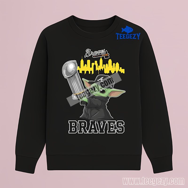 Atlanta Braves Baby Yoda Holding World Series Trophy Cotton Long Sleeve Atlanta Braves Baby Yoda Holding World Series Trophy Cotton Long Sleeve