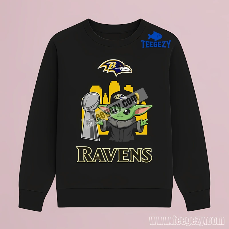 Baltimore Ravens Baby Yoda Holding Super Bowl Cup Adults Long Sleeve Baltimore Ravens Baby Yoda Holding Super Bowl Cup Adults Long Sleeve