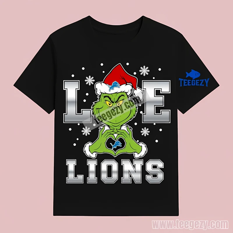 Detroit Lions Grinch Heart Hands Christmas Logo Cotton T-Shirt Detroit Lions Grinch Heart Hands Christmas Logo Cotton T-Shirt