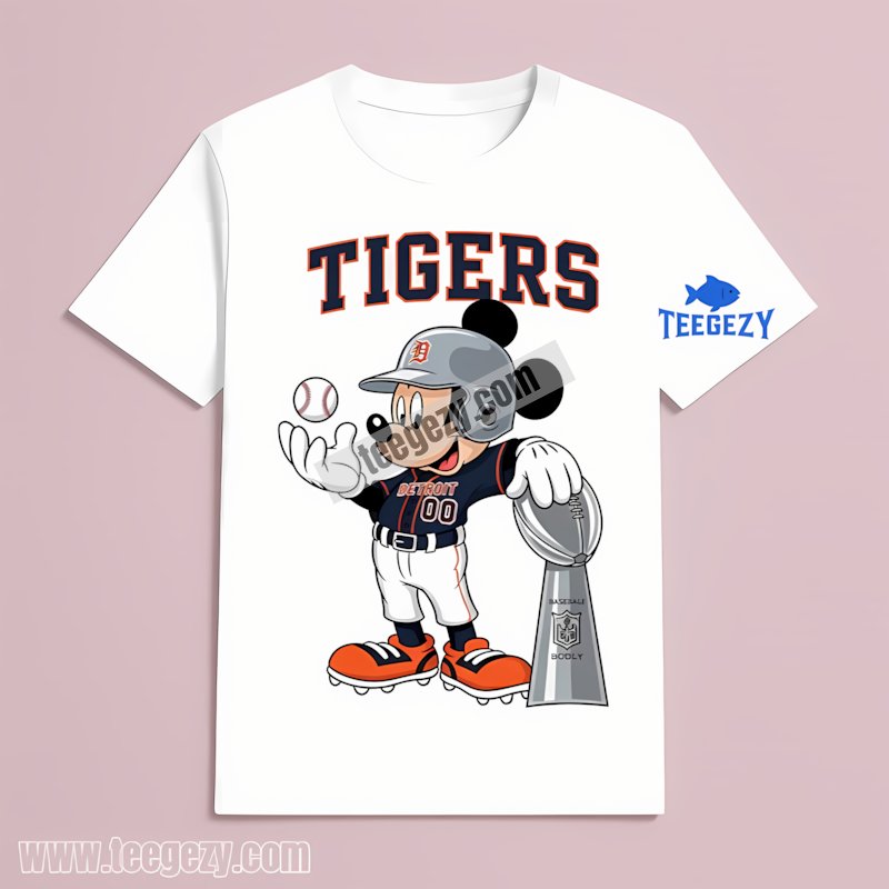 Detroit Tigers Mickey Mouse And Trophy Illustration Graphic Shirt