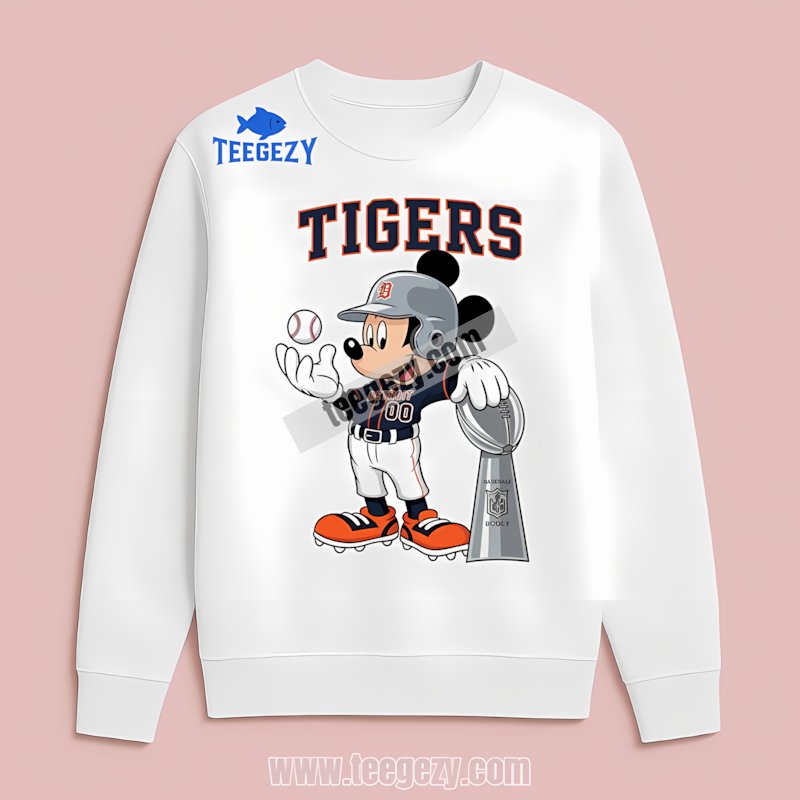 Detroit Tigers Mickey Mouse And Trophy Illustration Graphic Long Sleeve Detroit Tigers Mickey Mouse And Trophy Illustration Graphic Long Sleeve