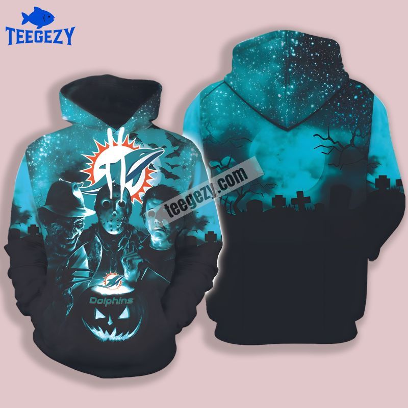 Freddy Jason Halloween Miami Dolphins Blue Black 3D Pattern Hoodie Freddy Jason Halloween Miami Dolphins Blue Black 3D Pattern Hoodie