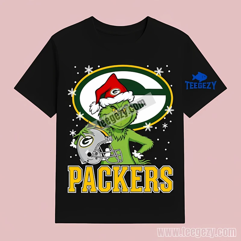 Green Bay Packers Grinch Santa Helmet Snowflakes Christmas T-Shirt Green Bay Packers Grinch Santa Helmet Snowflakes Christmas T-Shirt