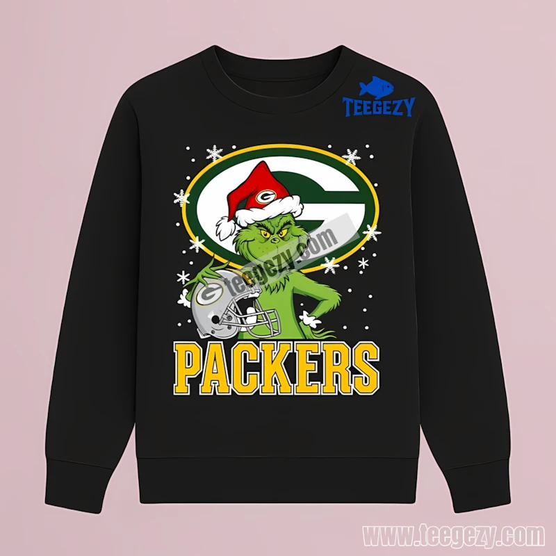 Green Bay Packers Grinch Santa Helmet Snowflakes Christmas Long Sleeve Green Bay Packers Grinch Santa Helmet Snowflakes Christmas Long Sleeve