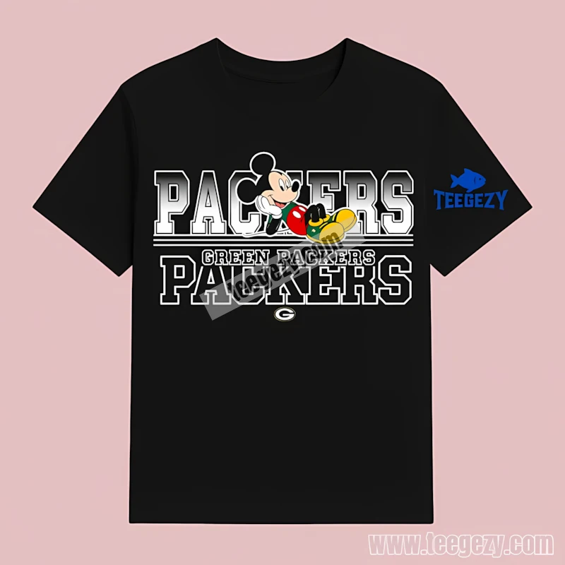 Green Bay Packers Mickey Mouse Lying On Packers Text Cotton T-Shirt Green Bay Packers Mickey Mouse Lying On Packers Text Cotton T-Shirt