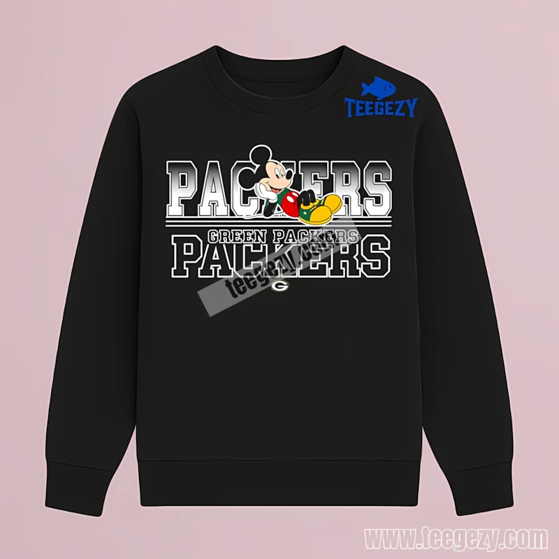 Green Bay Packers Mickey Mouse Lying On Packers Text Cotton Long Sleeve Green Bay Packers Mickey Mouse Lying On Packers Text Cotton Long Sleeve