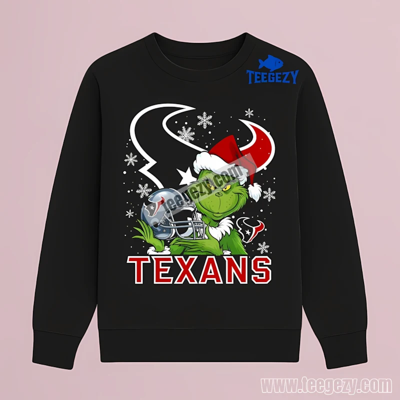 Houston Texans Grinch Santa Helmet Snowflakes Bold Long Sleeve Houston Texans Grinch Santa Helmet Snowflakes Bold Long Sleeve