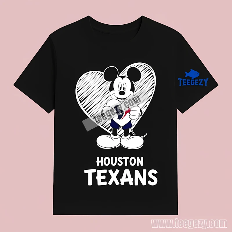 Houston Texans Mickey Mouse Heart Logo Cute Black T-Shirt Houston Texans Mickey Mouse Heart Logo Cute Black T-Shirt