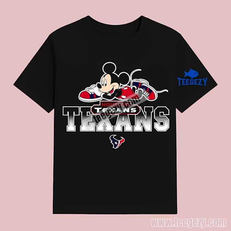 Houston Texans Mickey Mouse Lying On Texans Text Black T-Shirt Houston Texans Mickey Mouse Lying On Texans Text Black T-Shirt