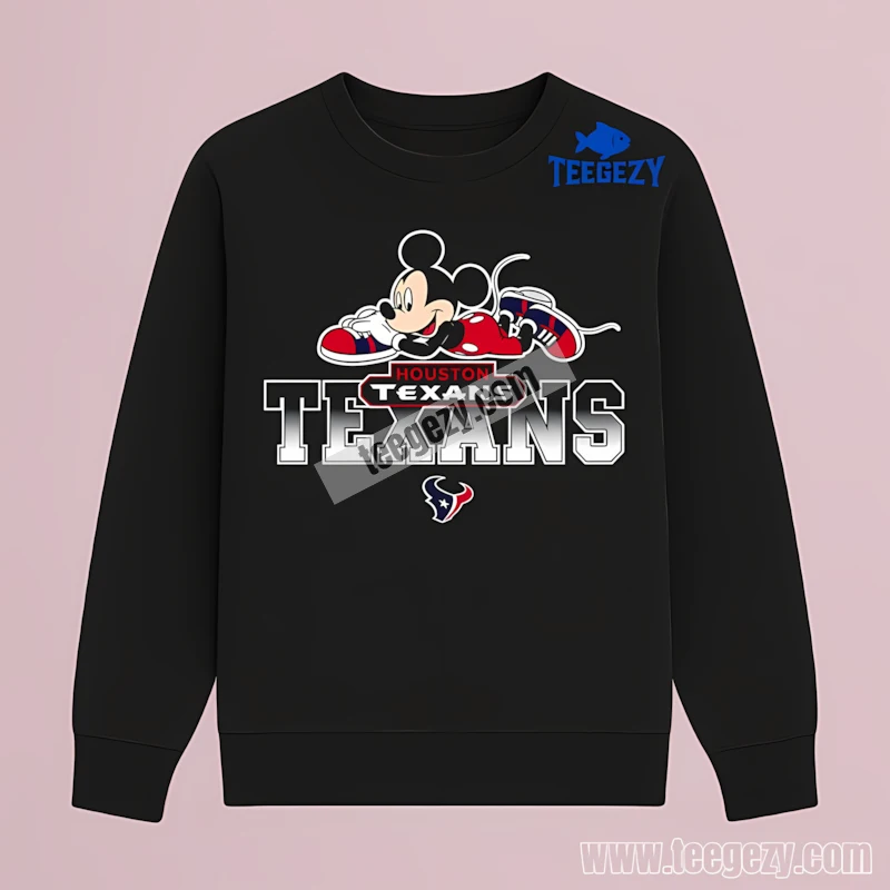 Houston Texans Mickey Mouse Lying On Texans Text Black Long Sleeve Houston Texans Mickey Mouse Lying On Texans Text Black Long Sleeve