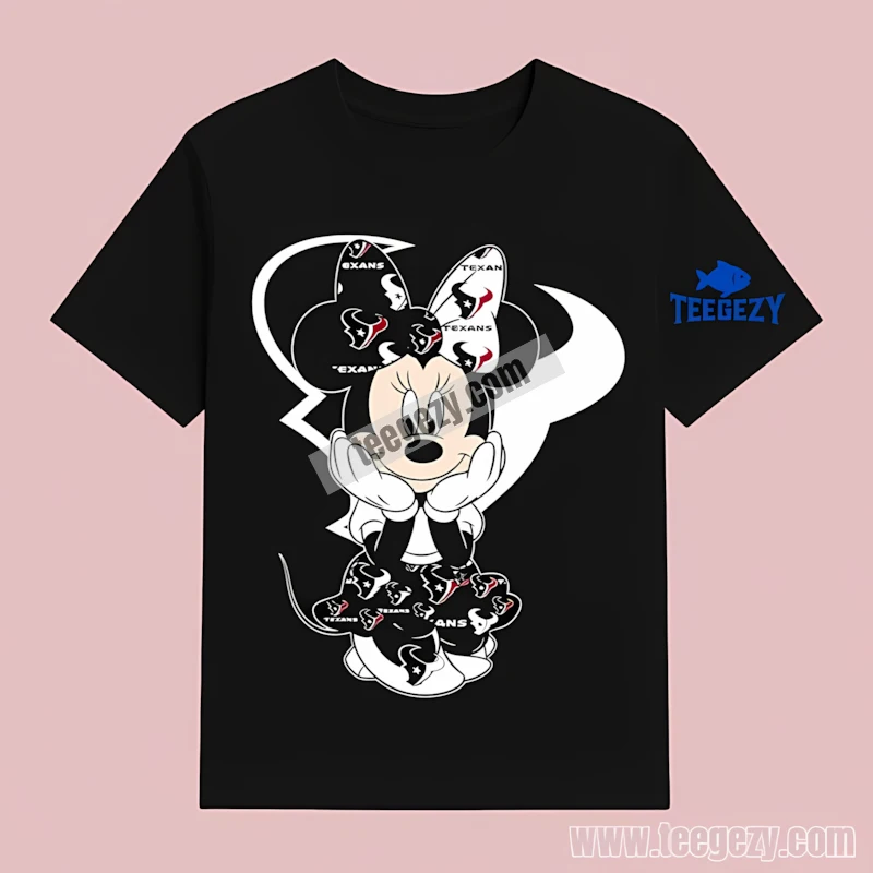 Houston Texans Minnie Mouse Sitting Cute Logo Black T-Shirt Houston Texans Minnie Mouse Sitting Cute Logo Black T-Shirt