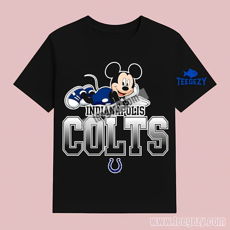 Indianapolis Colts Mickey Mouse Lying On Colts Text Black T-Shirt Indianapolis Colts Mickey Mouse Lying On Colts Text Black T-Shirt