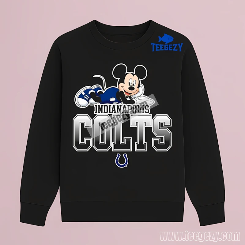 Indianapolis Colts Mickey Mouse Lying On Colts Text Black Long Sleeve Indianapolis Colts Mickey Mouse Lying On Colts Text Black Long Sleeve