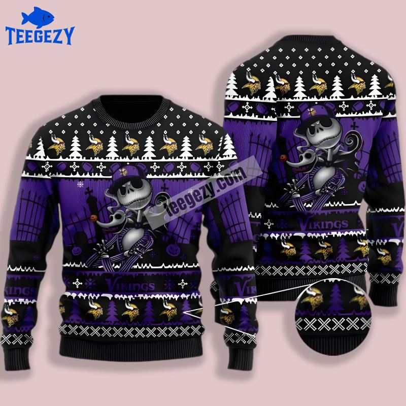 Jack Skellington Zero Halloween Minnesota Vikings Black Purple Ugly Christmas Sweater Jack Skellington Zero Halloween Minnesota Vikings Black Purple Ugly Christmas Sweater