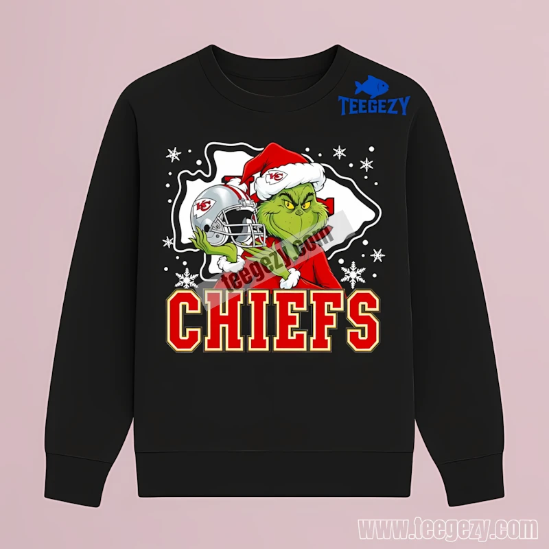 Kansas City Chiefs Grinch Santa Helmet Snowflake Bold Long Sleeve Kansas City Chiefs Grinch Santa Helmet Snowflake Bold Long Sleeve