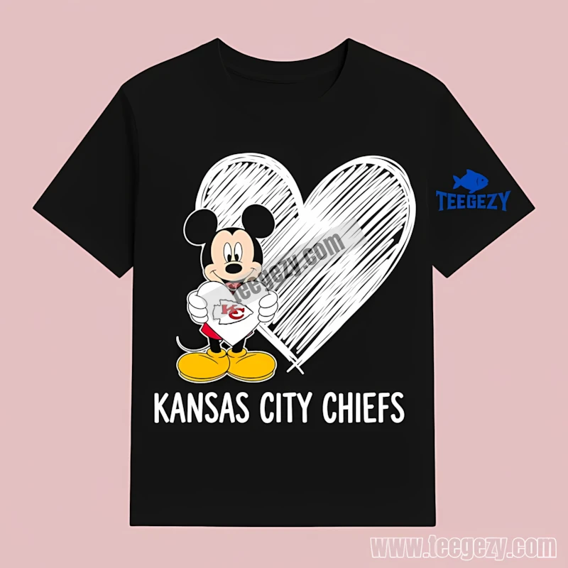 Kansas City Chiefs Mickey Mouse Heart Logo Cute Black T-Shirt Kansas City Chiefs Mickey Mouse Heart Logo Cute Black T-Shirt