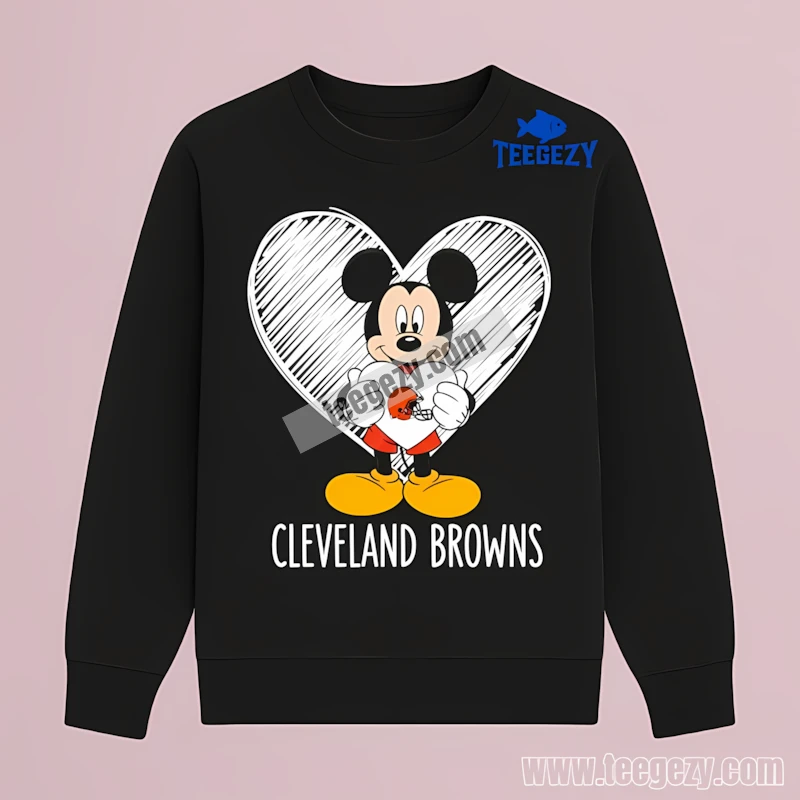 Mickey Mouse Holding Cleveland Browns Heart Football Long Sleeve Mickey Mouse Holding Cleveland Browns Heart Football Long Sleeve