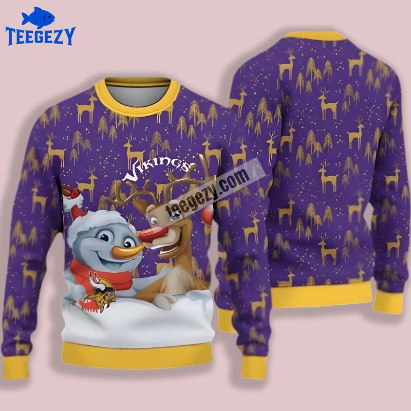 Snowman Reindeer Minnesota Vikings Purple Mens Ugly Christmas Sweater Snowman Reindeer Minnesota Vikings Purple Mens Ugly Christmas Sweater