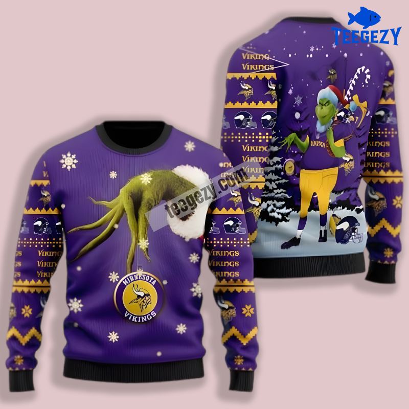 The Grinch Hand Xmas Minnesota Vikings Mens Ugly Christmas Sweater Purple