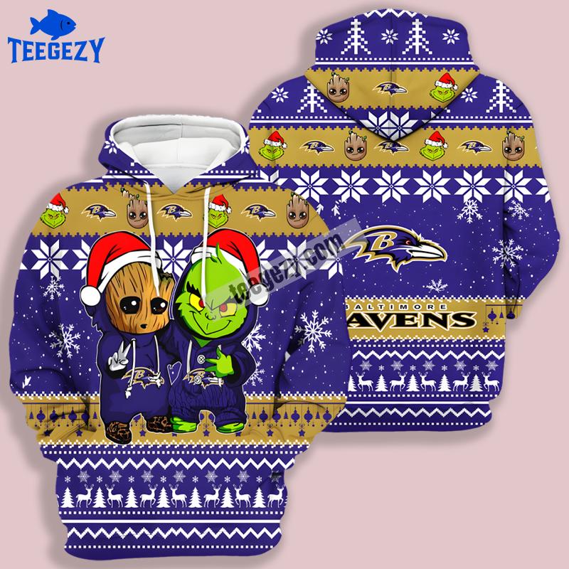 Baltimore Ravens Baby Groot Grinch Blue 3D Hoodie Zipper Baltimore Ravens Baby Groot Grinch Blue 3D Hoodie Zipper