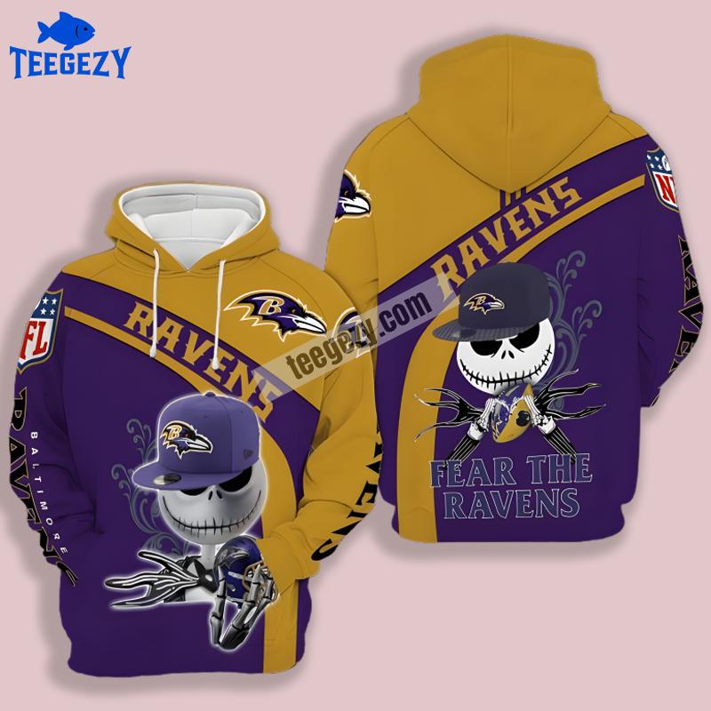 Baltimore Ravens Jack Skellington Halloween Yellow Purple 3D Hoodie Baltimore Ravens Jack Skellington Halloween Yellow Purple 3D Hoodie