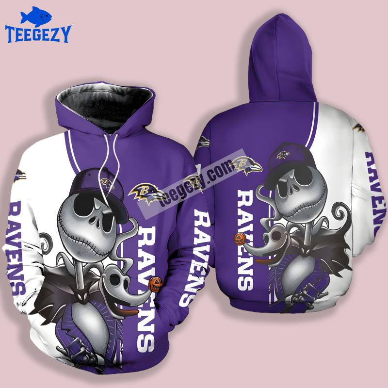 Baltimore Ravens Jack Skellington Zero Purple White 3D Graphic Hoodie Baltimore Ravens Jack Skellington Zero Purple White 3D Graphic Hoodie