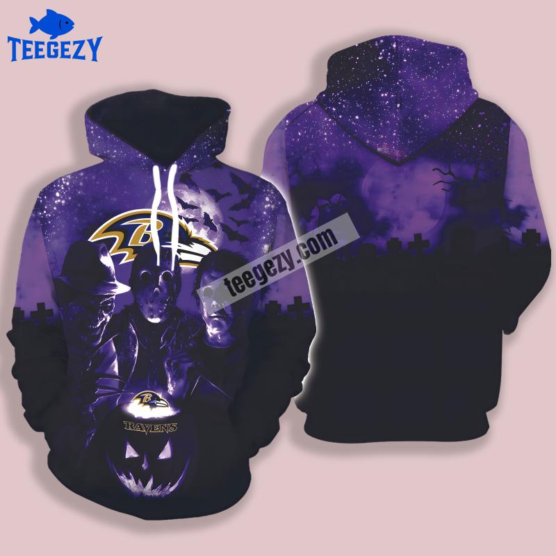 Baltimore Ravens Michael Myers Freddy Krueger Black Purple 3D Youth Hoodie Baltimore Ravens Michael Myers Freddy Krueger Black Purple 3D Youth Hoodie