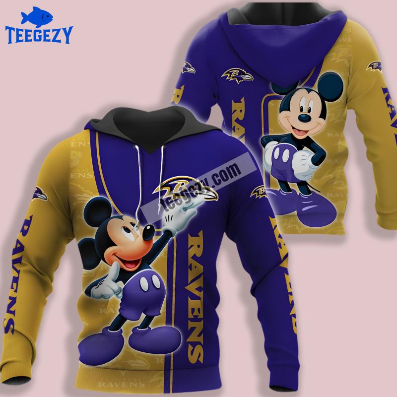 Baltimore Ravens Mickey Mouse Blue Yellow 3D Graphic Hoodie Baltimore Ravens Mickey Mouse Blue Yellow 3D Graphic Hoodie