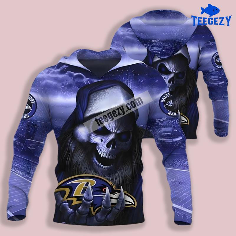 Baltimore Ravens Santa Skull Blue 3D Hoodie For Men Baltimore Ravens Santa Skull Blue 3D Hoodie For Men