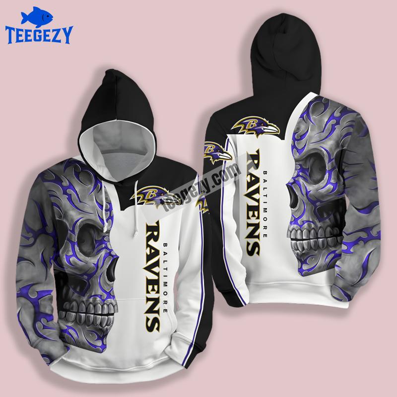 Baltimore Ravens Skull Black White 3D Zip Up Hoodie Baltimore Ravens Skull Black White 3D Zip Up Hoodie