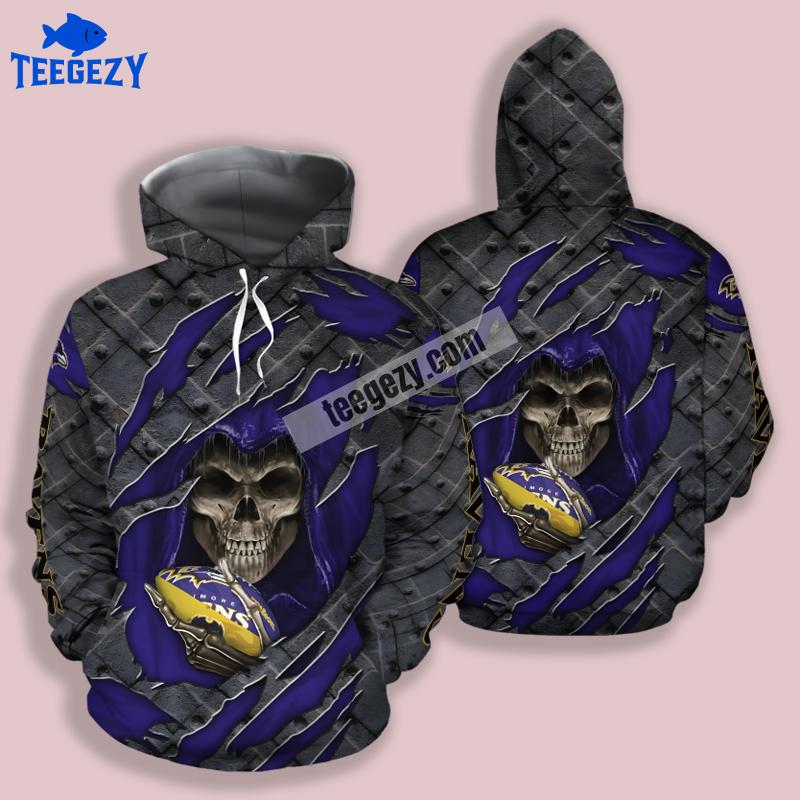 Baltimore Ravens Skull Cracked Halloween Grey Blue 3D Art Hoodie Baltimore Ravens Skull Cracked Halloween Grey Blue 3D Art Hoodie