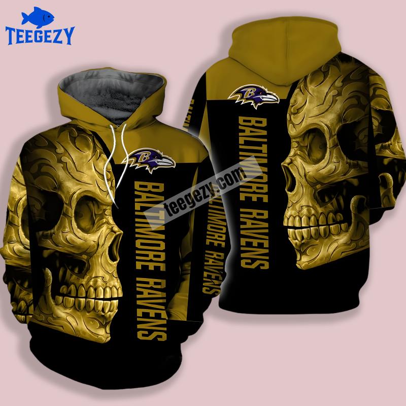 Baltimore Ravens Skull Halloween Yellow Black 3D Unisex Hoodie Baltimore Ravens Skull Halloween Yellow Black 3D Unisex Hoodie