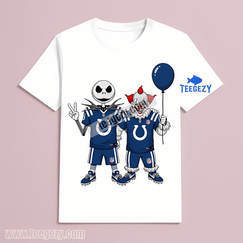 Halloween With Indianapolis Colts Jack Skellington And Pennywise T-Shirt Halloween With Indianapolis Colts Jack Skellington And Pennywise T-Shirt