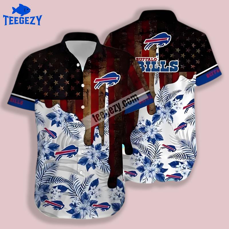 Buffalo Bills Vs Us Flag And Hibiscus Blue Stylish Hawaiian Shirt Buffalo Bills Vs Us Flag And Hibiscus Blue Stylish Hawaiian Shirt