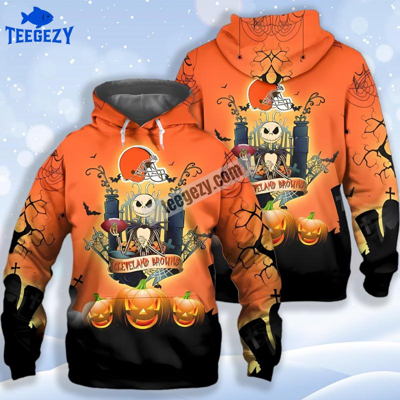 Cleveland Browns Jack Skellington Pumpkin Black Orange 3D Pullover Hoodie Cleveland Browns Jack Skellington Pumpkin Black Orange 3D Pullover Hoodie