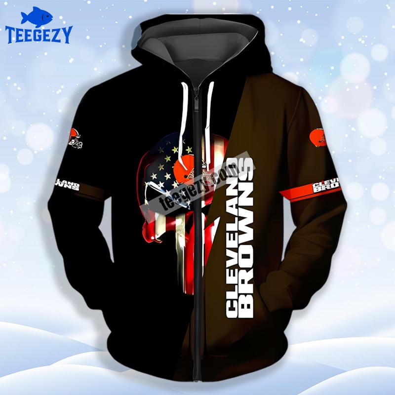 Cleveland Browns With Skull America Flag 3D Zip Up Hoodie Black