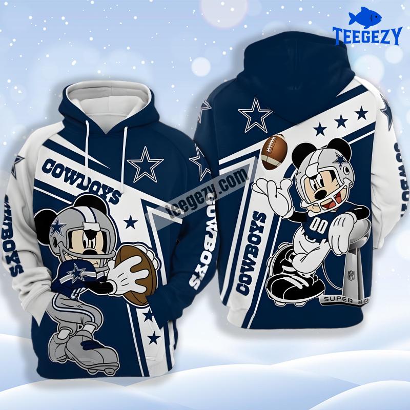 Dallas Cowboys Mickey Mouse Blue White Pullover 3D Graphic Hoodie Dallas Cowboys Mickey Mouse Blue White Pullover 3D Graphic Hoodie