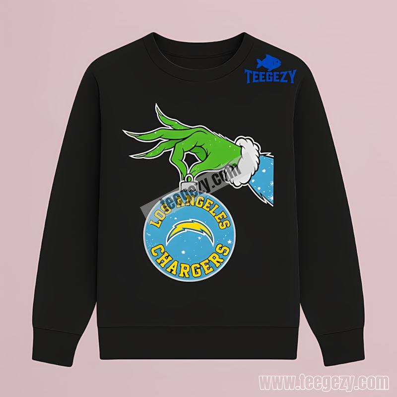 Grinch Hand Holding Los Angeles Chargers Ornament Adults Long Sleeve Grinch Hand Holding Los Angeles Chargers Ornament Adults Long Sleeve