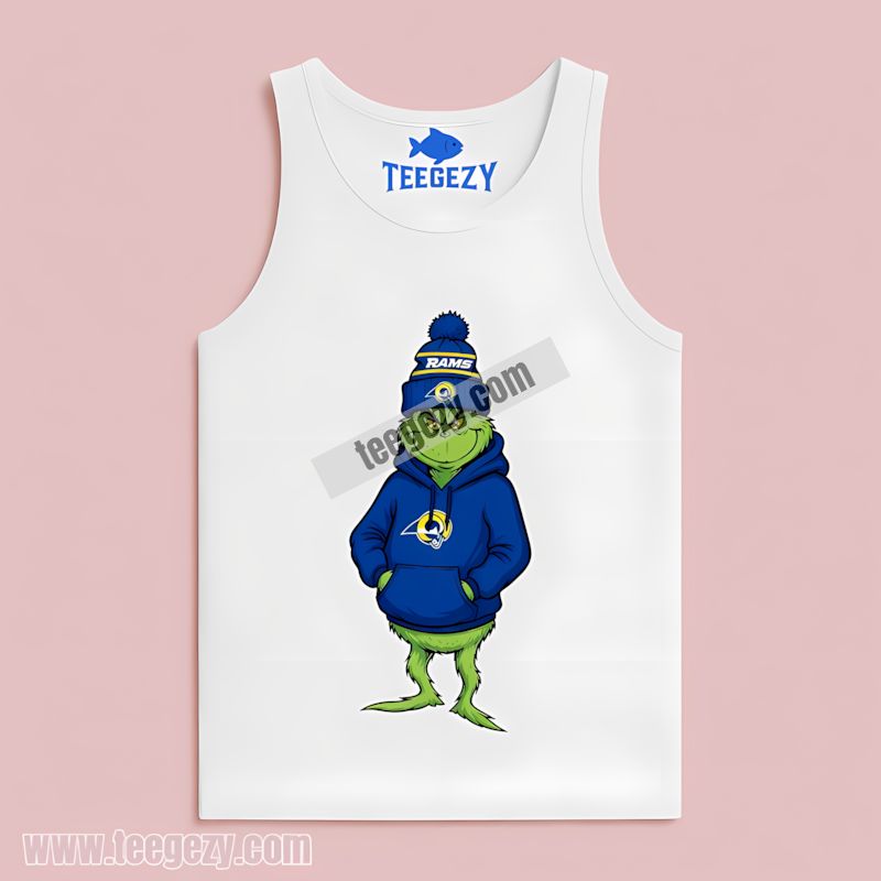 Grinch In A Los Angeles Rams Hoodie Christmas Style Tanktop Grinch In A Los Angeles Rams Hoodie Christmas Style Tanktop