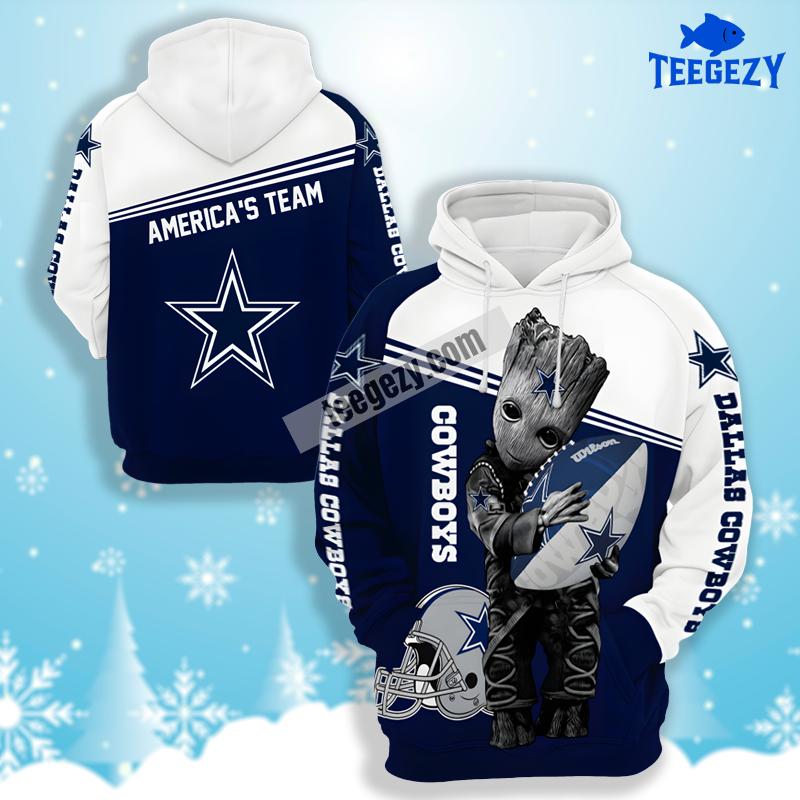 Groot Hold Dallas Cowboys Blue White 3D Hoodie Men Groot Hold Dallas Cowboys Blue White 3D Hoodie Men