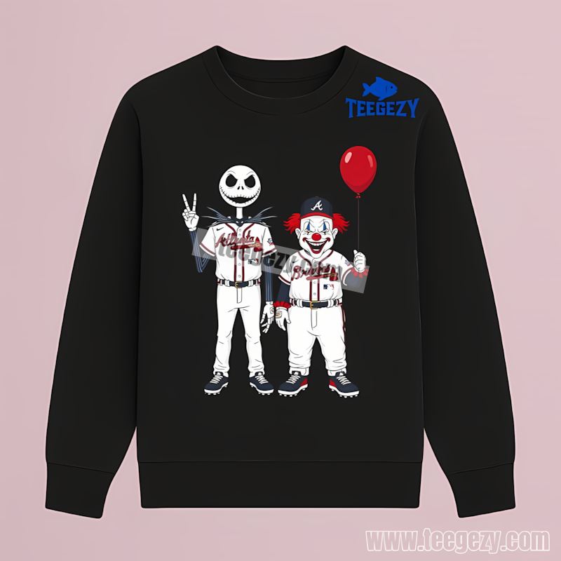 Halloween Atlanta Braves Jack Skellington Pennywise Graphic Long Sleeve Halloween Atlanta Braves Jack Skellington Pennywise Graphic Long Sleeve