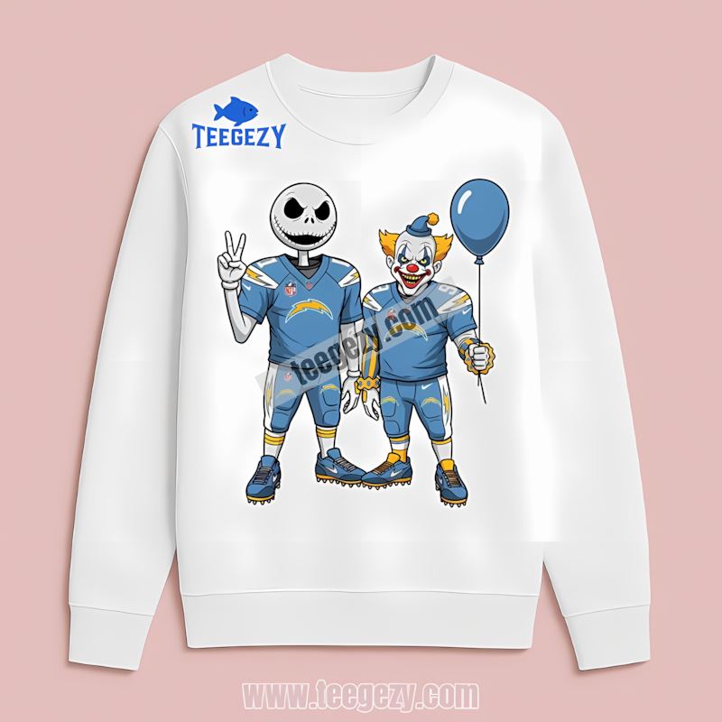 Halloween Jack Skellington And Pennywise Los Angeles Chargers Sports Long Sleeve Halloween Jack Skellington And Pennywise Los Angeles Chargers Sports Long Sleeve