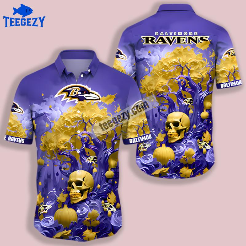 Horror Skull Theme Baltimore Ravens Purple Hawaiian Shirt Horror Skull Theme Baltimore Ravens Purple Hawaiian Shirt