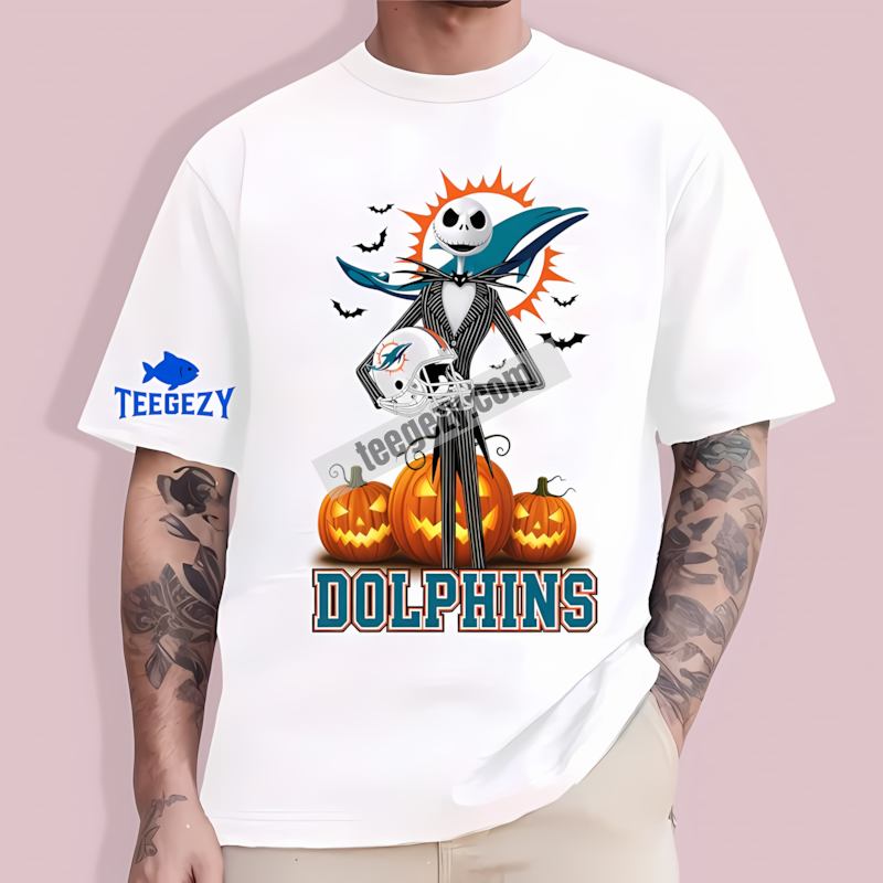 Jack Skellington Miami Dolphins Halloween Pumpkin Cotton T-Shirt Jack Skellington Miami Dolphins Halloween Pumpkin Cotton T-Shirt