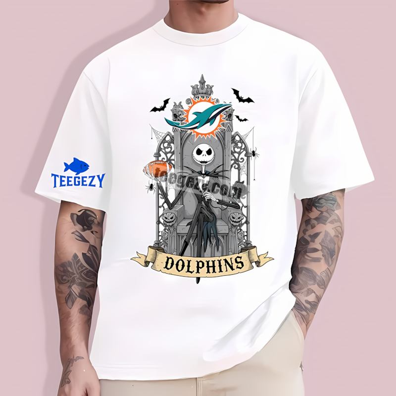 Jack Skellington Miami Dolphins Throne Graphic T-Shirt Jack Skellington Miami Dolphins Throne Graphic T-Shirt