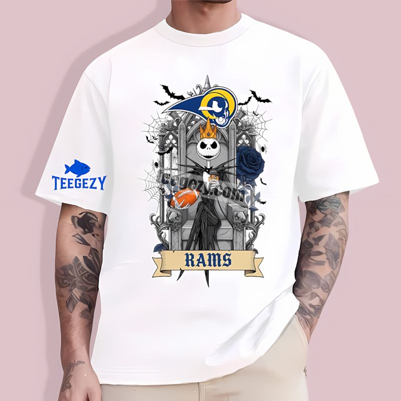 Los Angeles Rams Jack Skellington On Throne Graphic T-Shirt Los Angeles Rams Jack Skellington On Throne Graphic T-Shirt