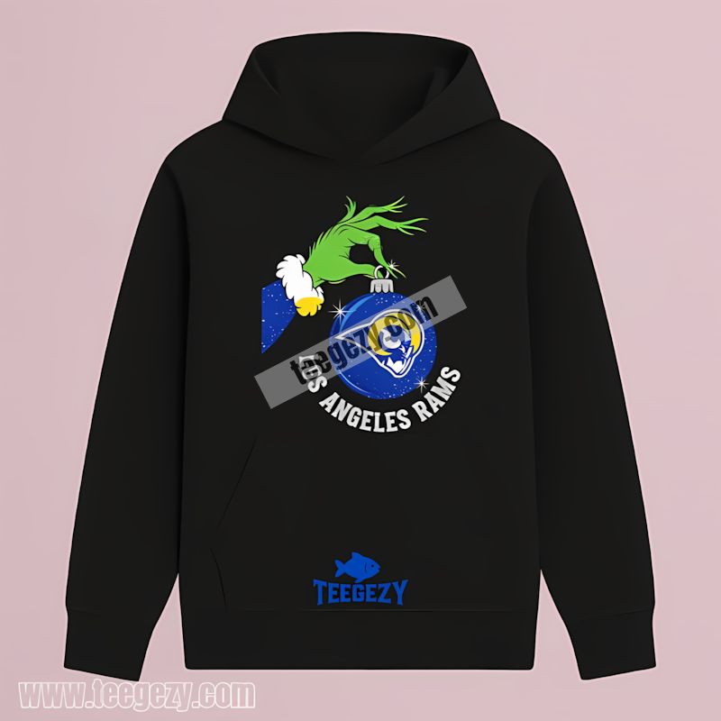Los Angeles Rams Ornament Held By Grinch Funny Holiday Hoodie Los Angeles Rams Ornament Held By Grinch Funny Holiday Hoodie
