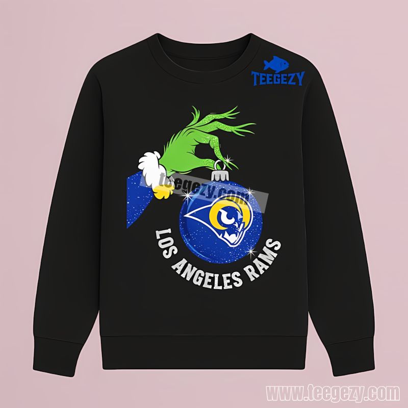 Los Angeles Rams Ornament Held By Grinch Funny Holiday Long Sleeve Los Angeles Rams Ornament Held By Grinch Funny Holiday Long Sleeve