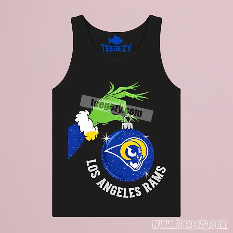 Los Angeles Rams Ornament Held By Grinch Funny Holiday Tanktop Los Angeles Rams Ornament Held By Grinch Funny Holiday Tanktop